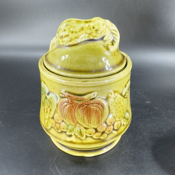 Vintage Ceramic Olive Green Sugar Bowl Creamer Fruit Veggies Made Japan Set - Picture 11 of 16